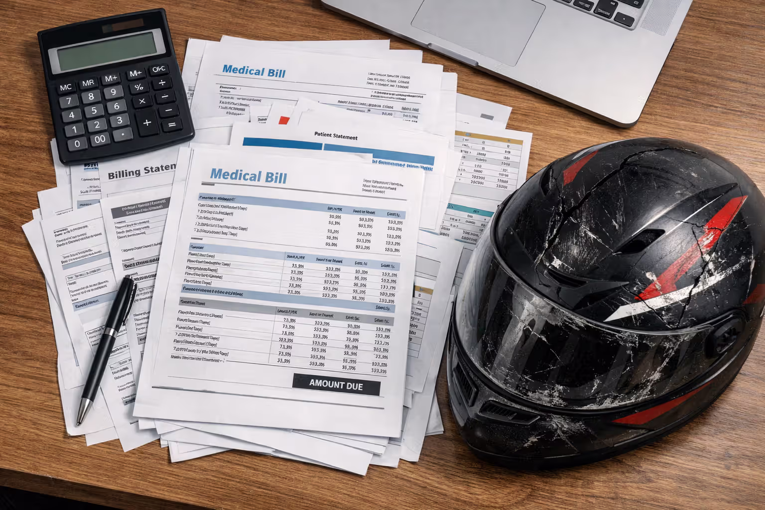 Stack of medical bills and financial documents on a desk next to a damaged motorcycle helmet and calculator
