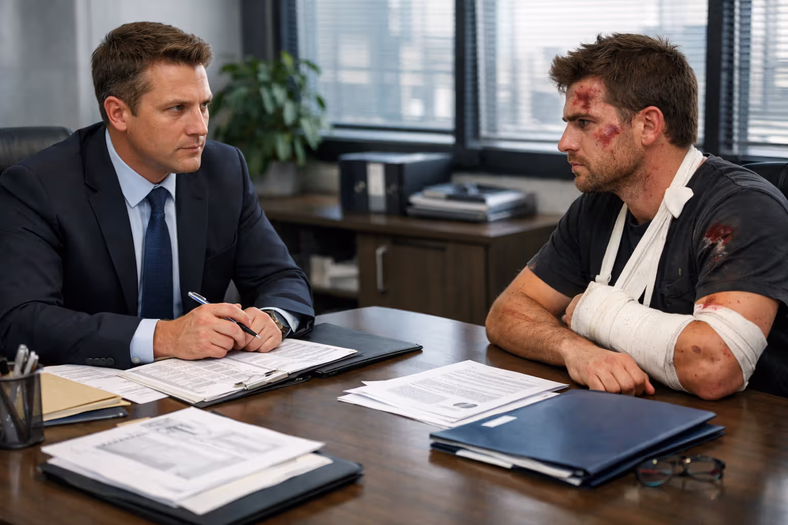 Insurance adjuster in a suit negotiating across a table with an injured motorcyclist who has a bandaged arm