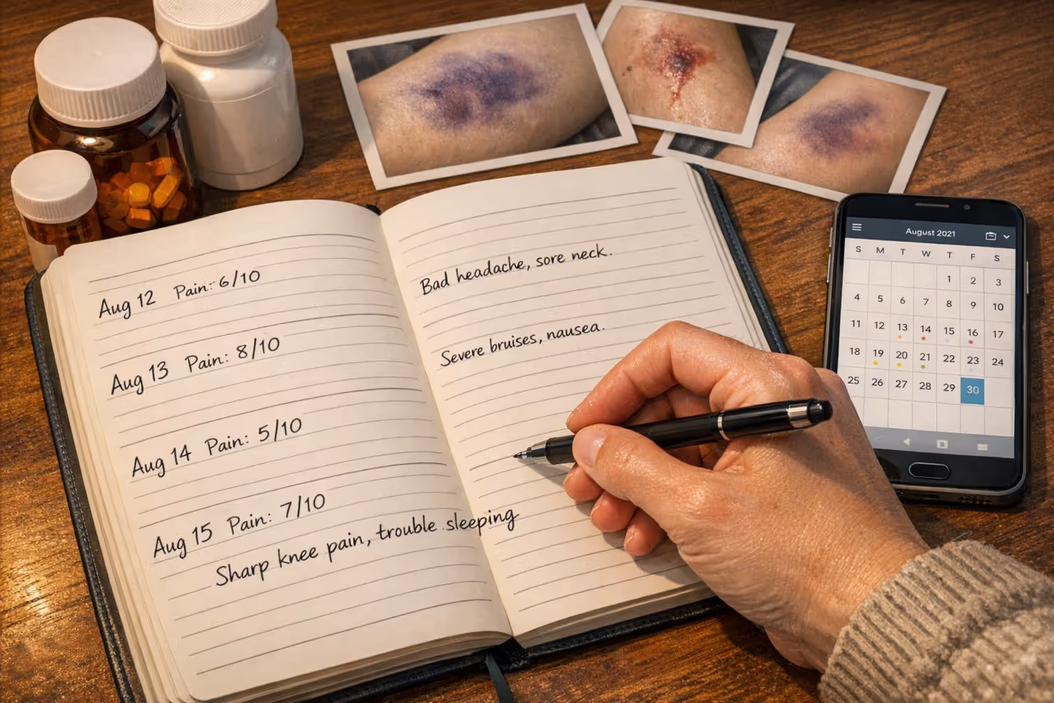 Hand writing in a pain journal with medication bottles and injury photographs on a table nearby
