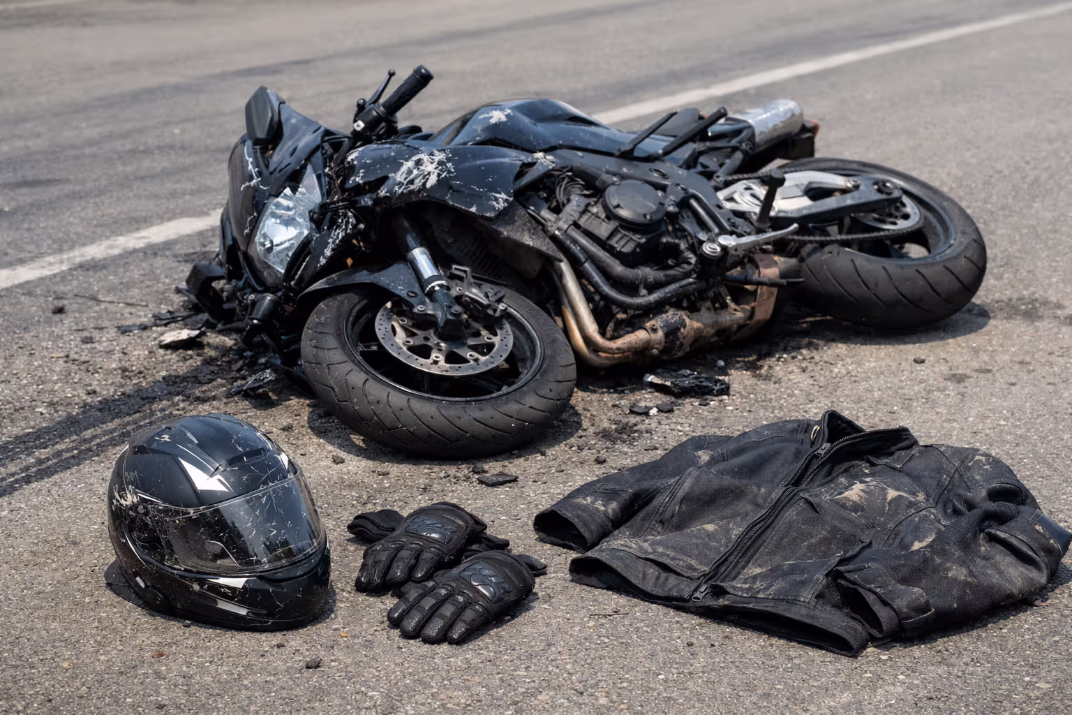 Damaged motorcycle lying on asphalt after crash with scratched helmet and protective gear scattered nearby
