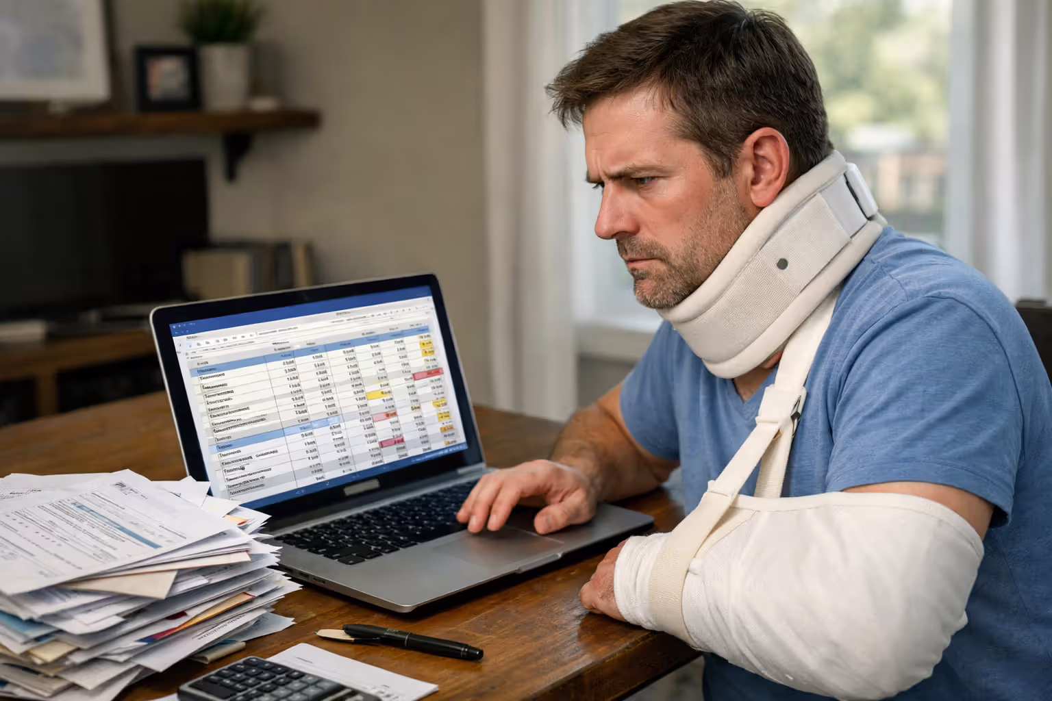 Injured person with arm bandage and neck brace reviewing financial documents and medical bills on laptop at home