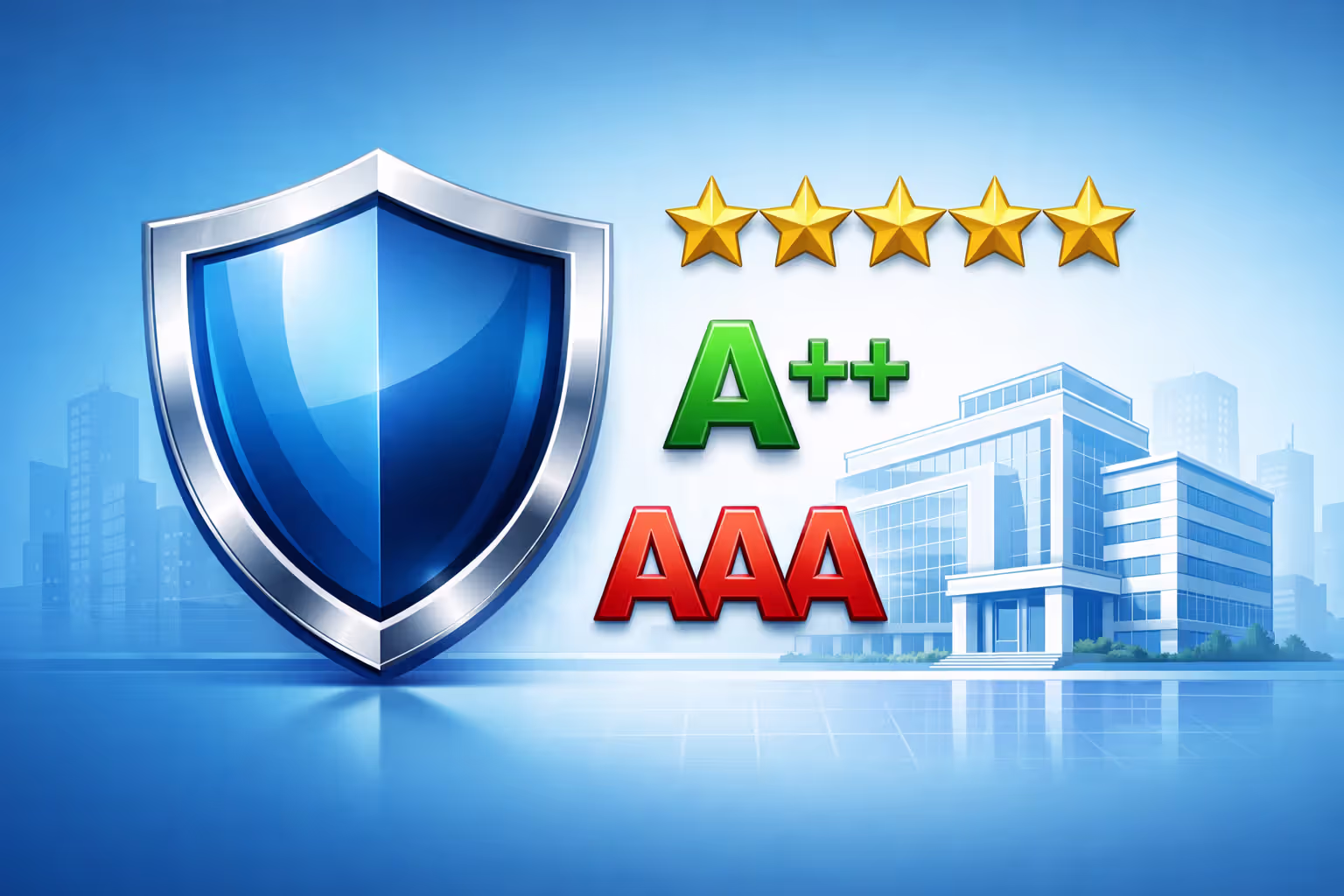 Infographic-style shield symbol representing financial security alongside rating scale icons such as stars and A-plus letters with an insurance building silhouette in the background