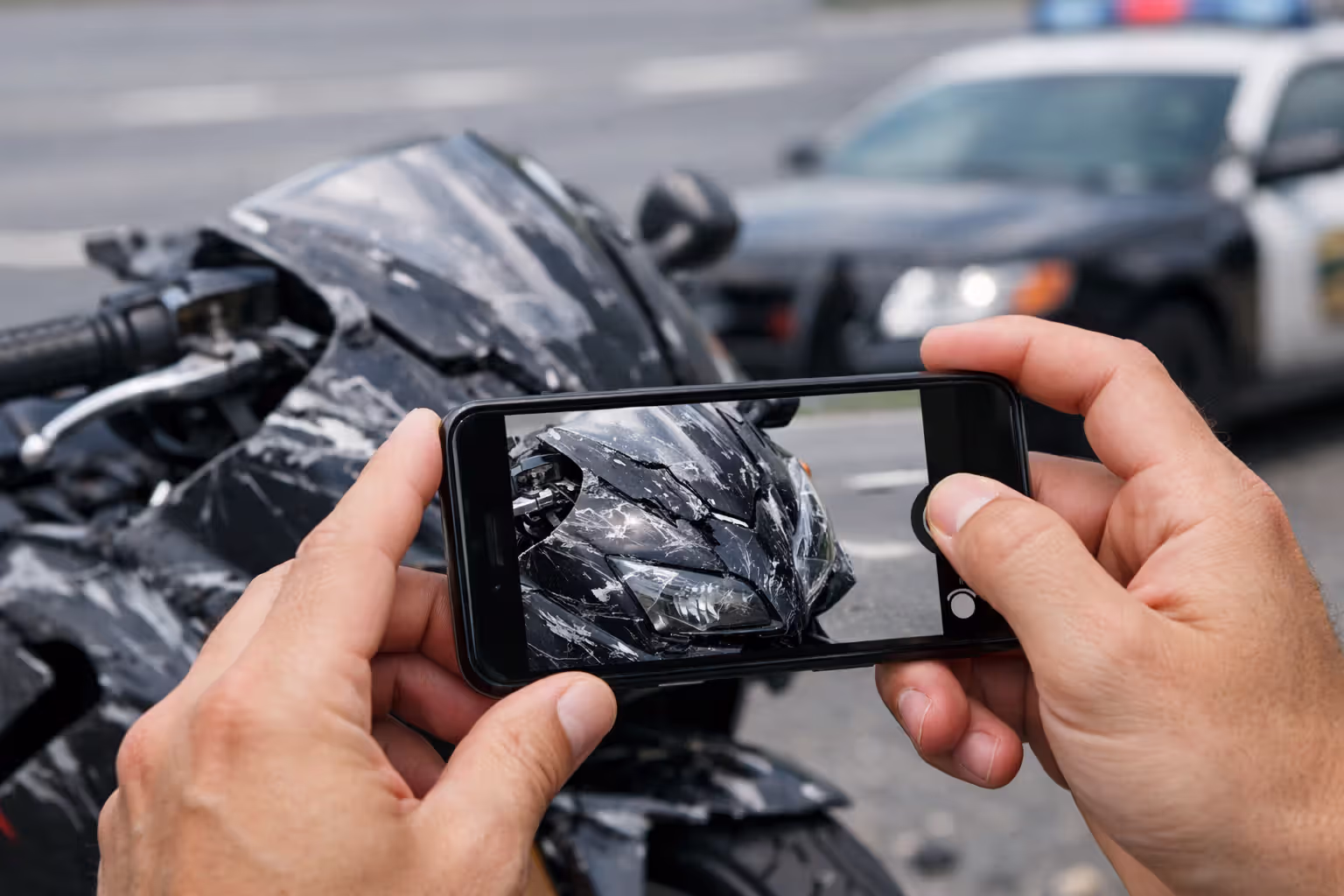 Hands holding smartphone taking photos of damaged motorcycle at accident scene for insurance documentation