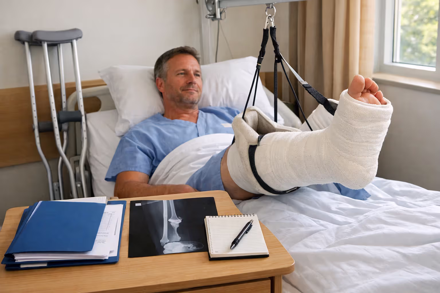 Motorcycle accident patient in hospital bed with leg cast, medical records and pain journal on bedside table