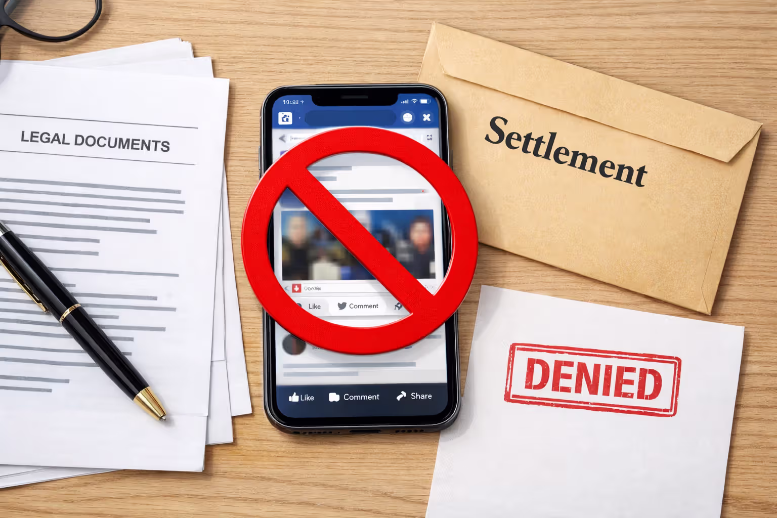 Smartphone with social media app crossed out with red prohibition sign next to legal settlement documents