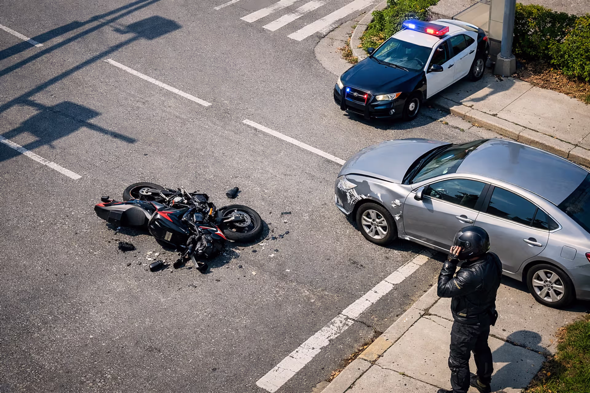 Motorcycle accident scene at a city intersection with a damaged motorcycle on the road, a car with a dented fender, and a rider in full gear making a phone call on the roadside