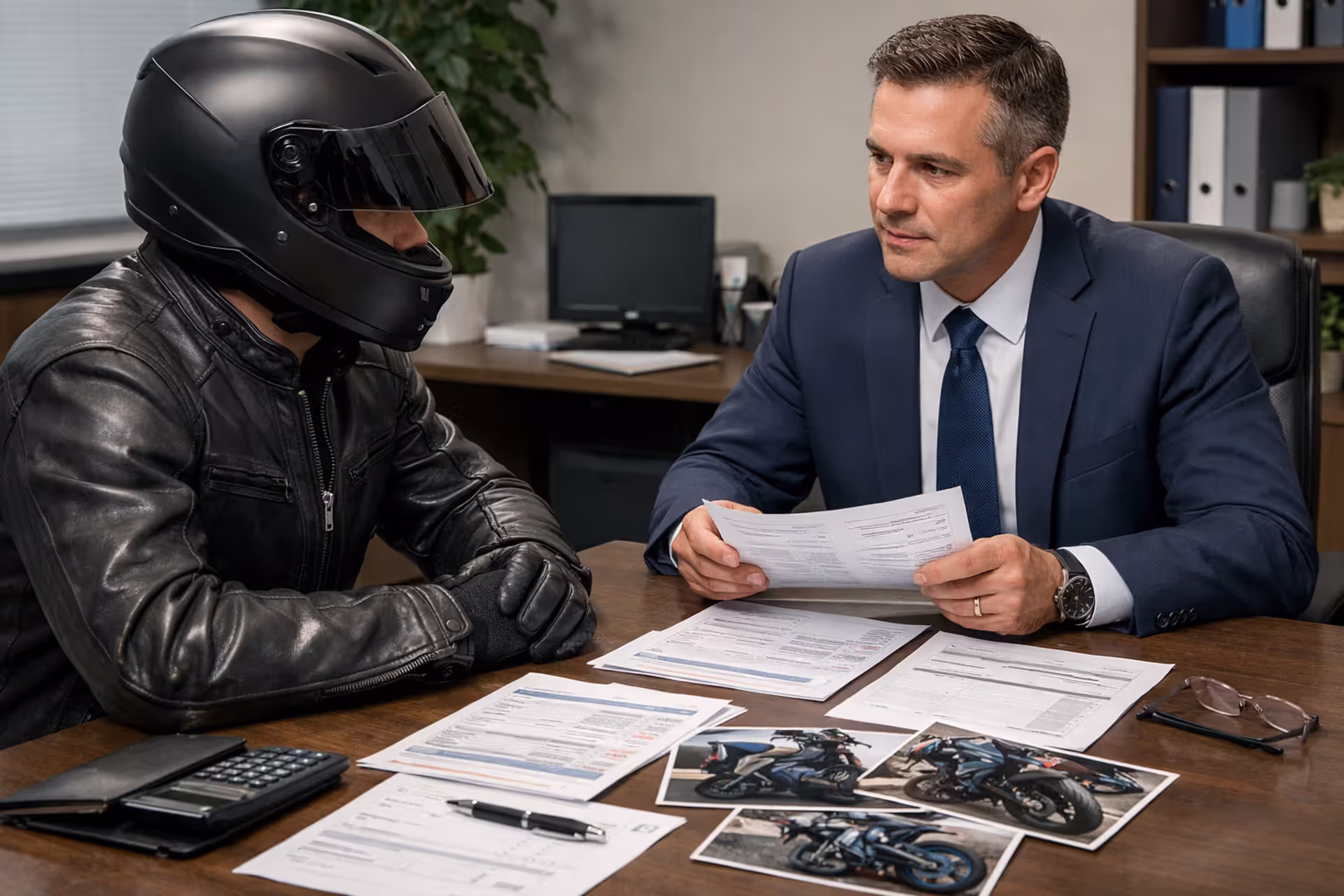Motorcyclist in leather jacket sitting across from insurance adjuster at office desk with accident documents and medical bills spread out