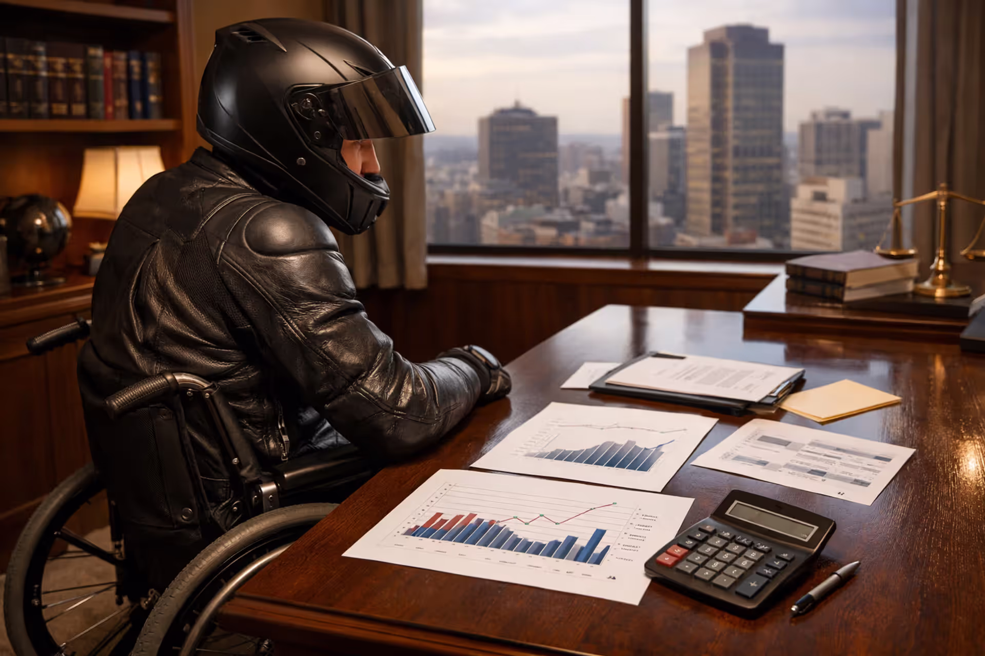 Motorcycle rider in leather gear sitting in wheelchair at lawyer office desk reviewing structured settlement financial documents and payment schedules