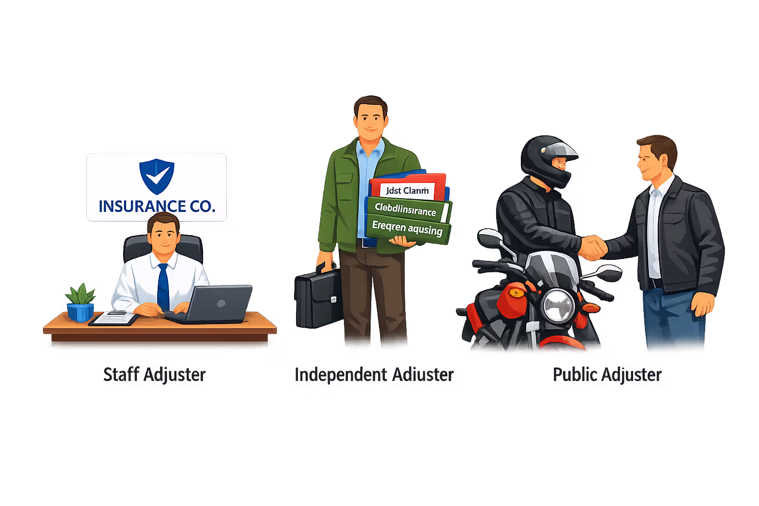 Three types of insurance adjusters illustrated: staff adjuster at corporate desk, independent adjuster with multiple company folders, and public adjuster shaking hands with a motorcyclist
