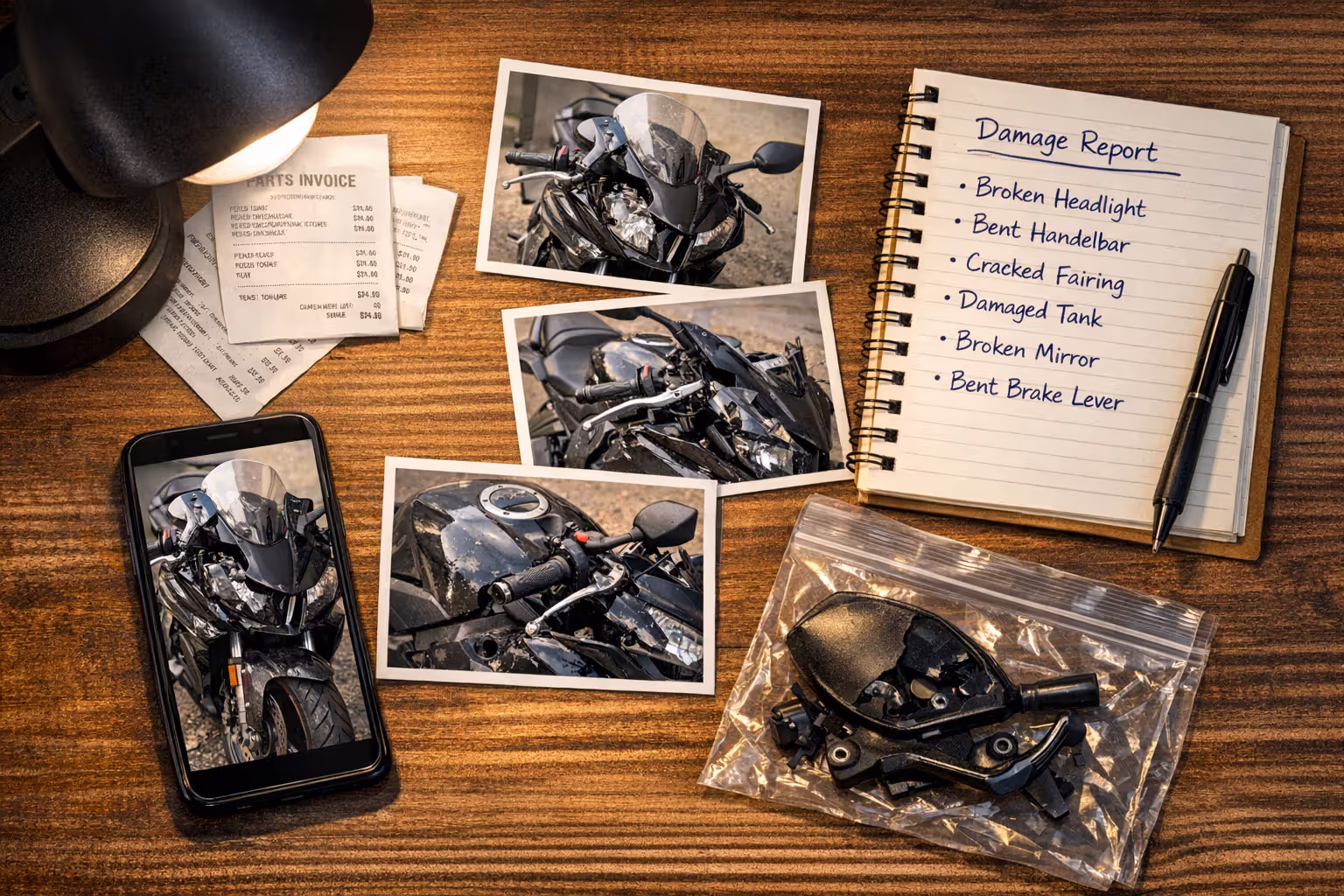 Flat lay of motorcycle damage documentation: smartphone with crash photo, printed damage pictures, parts receipts, handwritten damage list, and bag with broken motorcycle parts