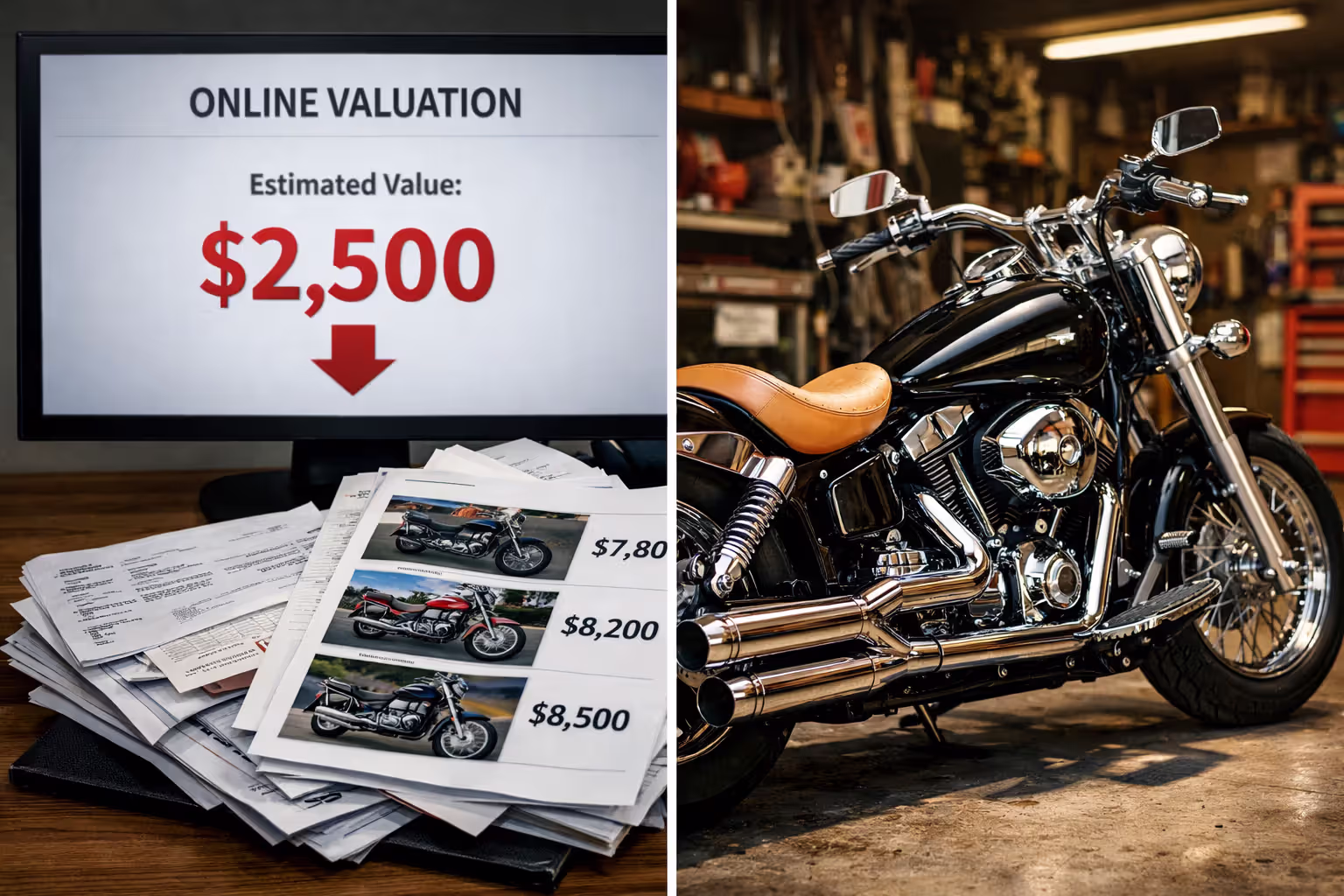 Split image comparing low insurance valuation on computer screen with actual motorcycle value shown by sales listings and custom aftermarket exhaust system on a motorcycle