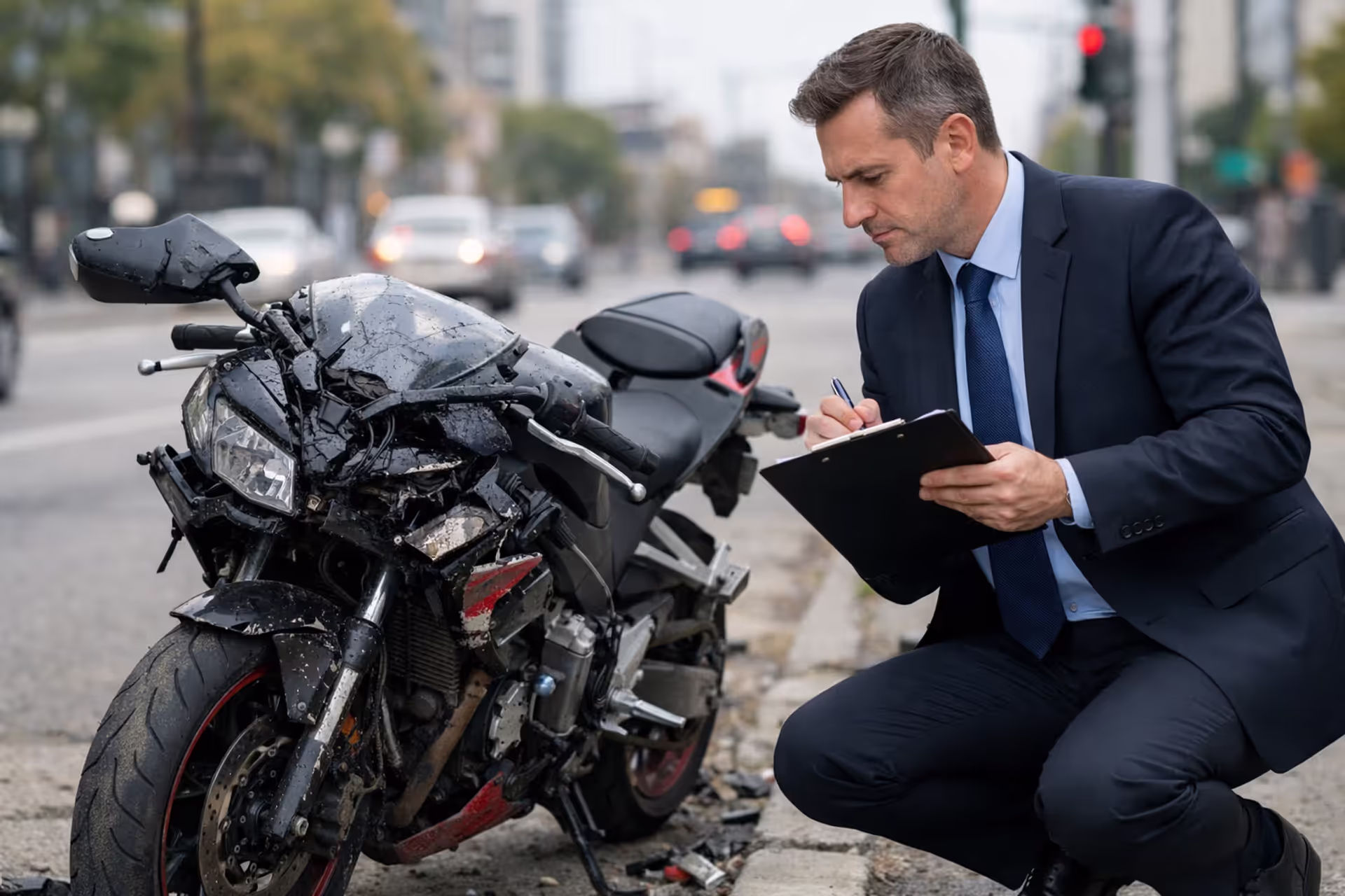 Insurance adjuster in business suit inspecting a damaged motorcycle on a roadside after an accident