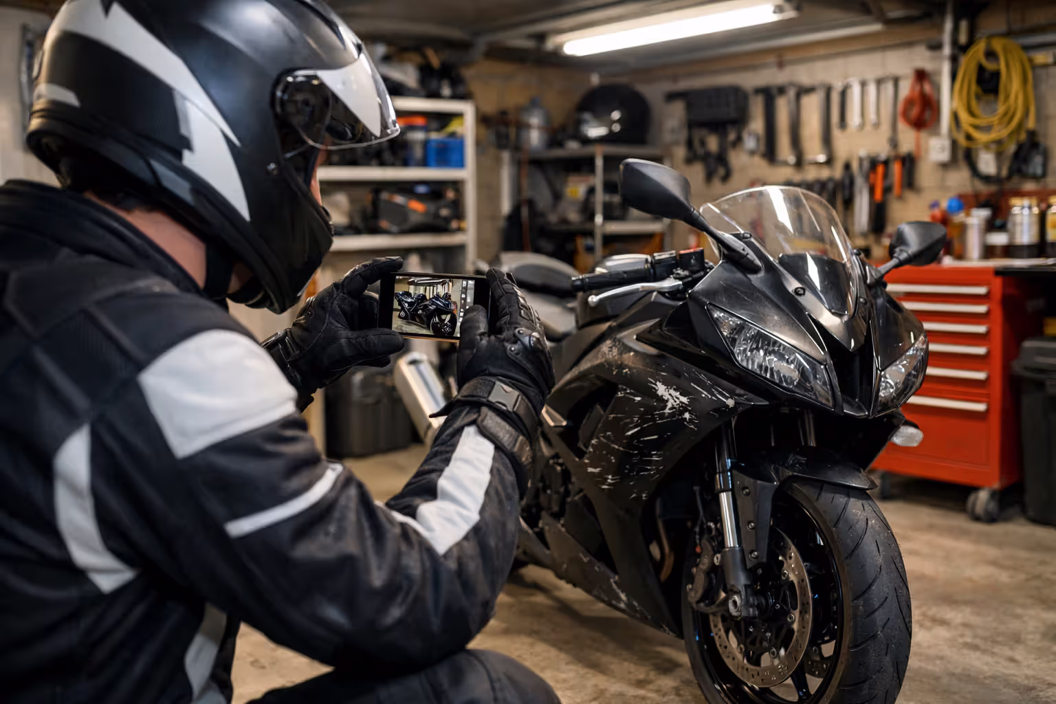 Motorcyclist in protective gear photographing parked motorcycle scratches with smartphone in well-lit garage