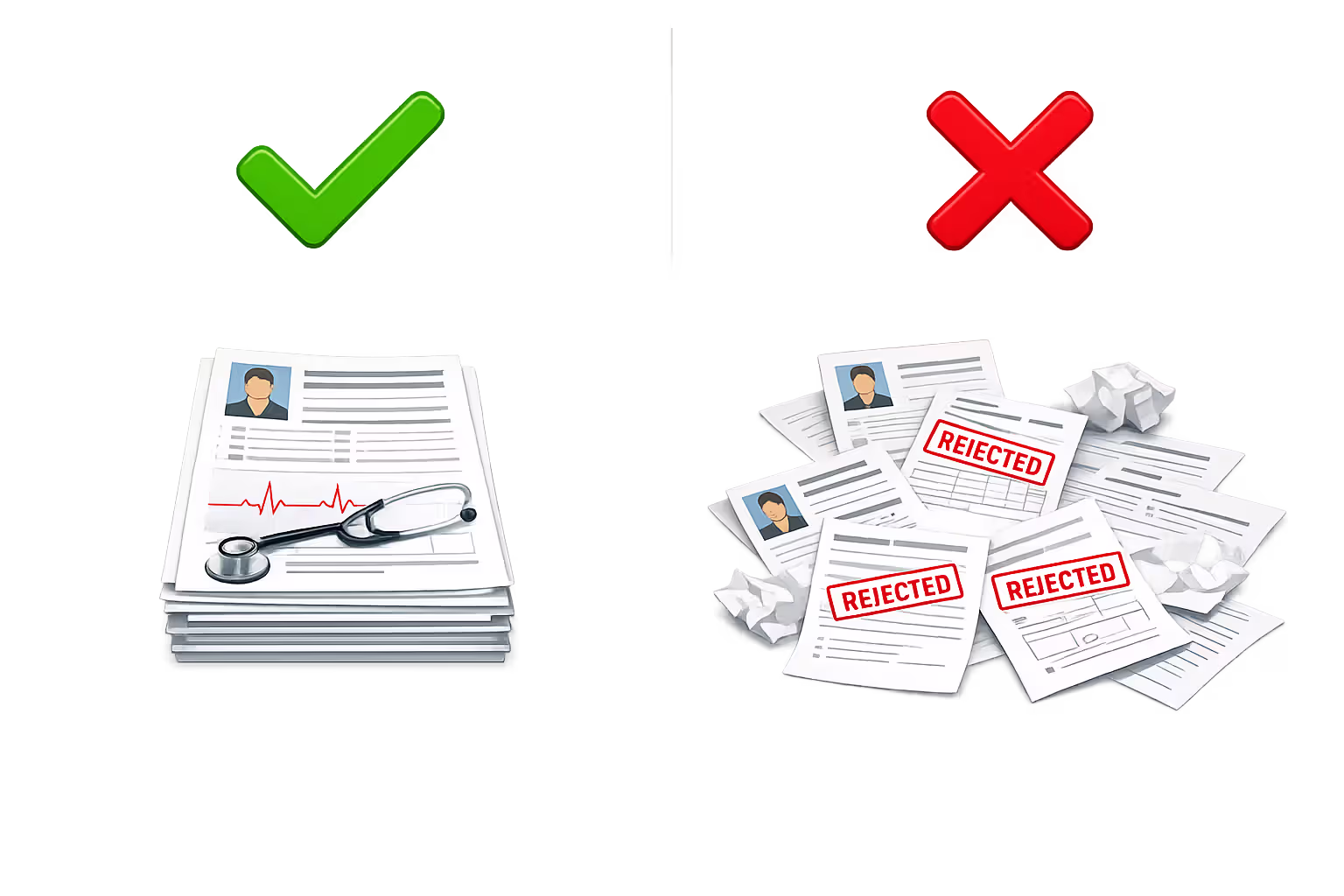 Split image comparing approved motorcycle claim with organized documents green checkmark versus denied claim with scattered incomplete papers red cross mark