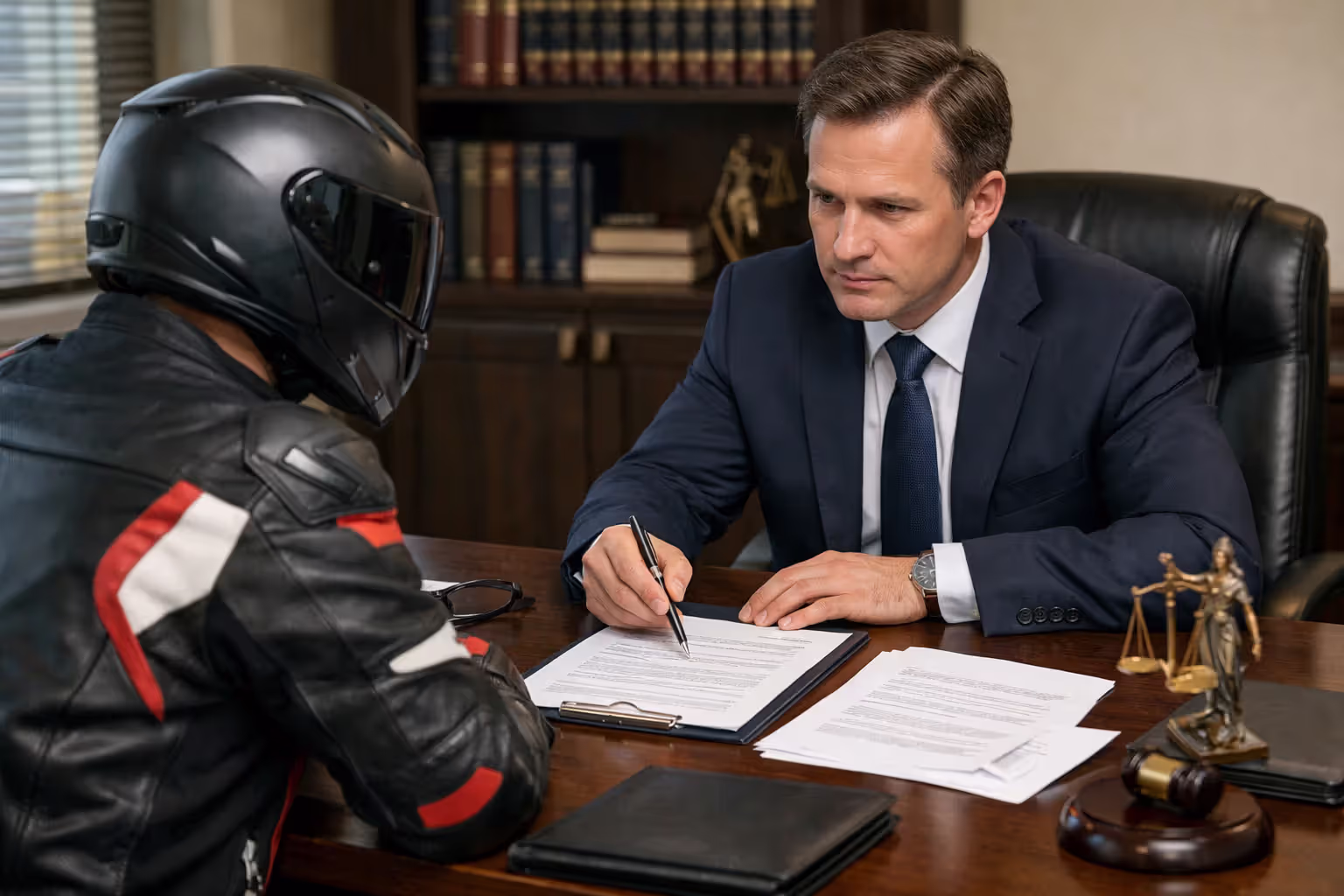 Motorcyclist sitting across from attorney in office reviewing insurance denial letter and legal documents on desk