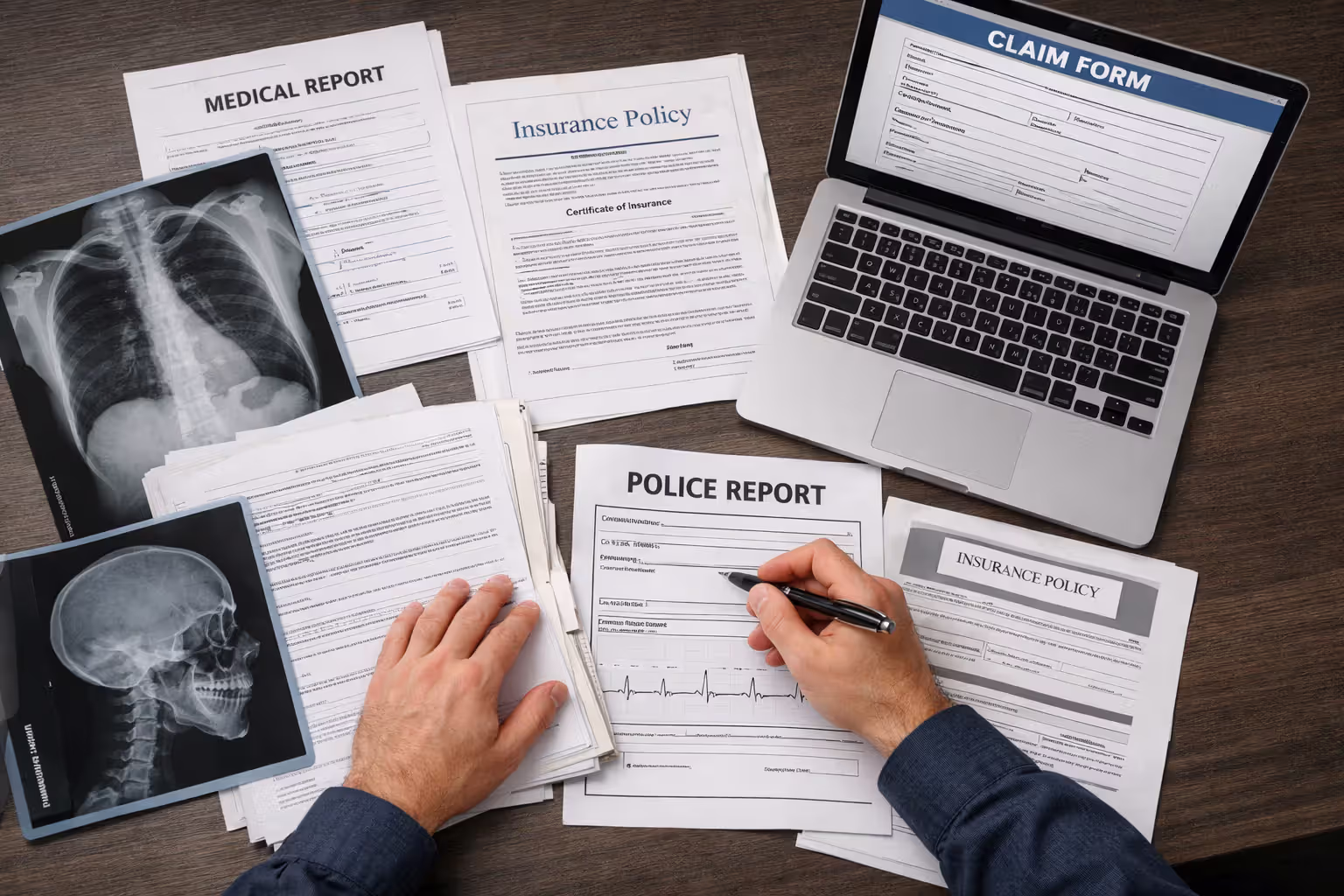 Person organizing medical records, police report, and insurance policy documents on desk with laptop showing claim form