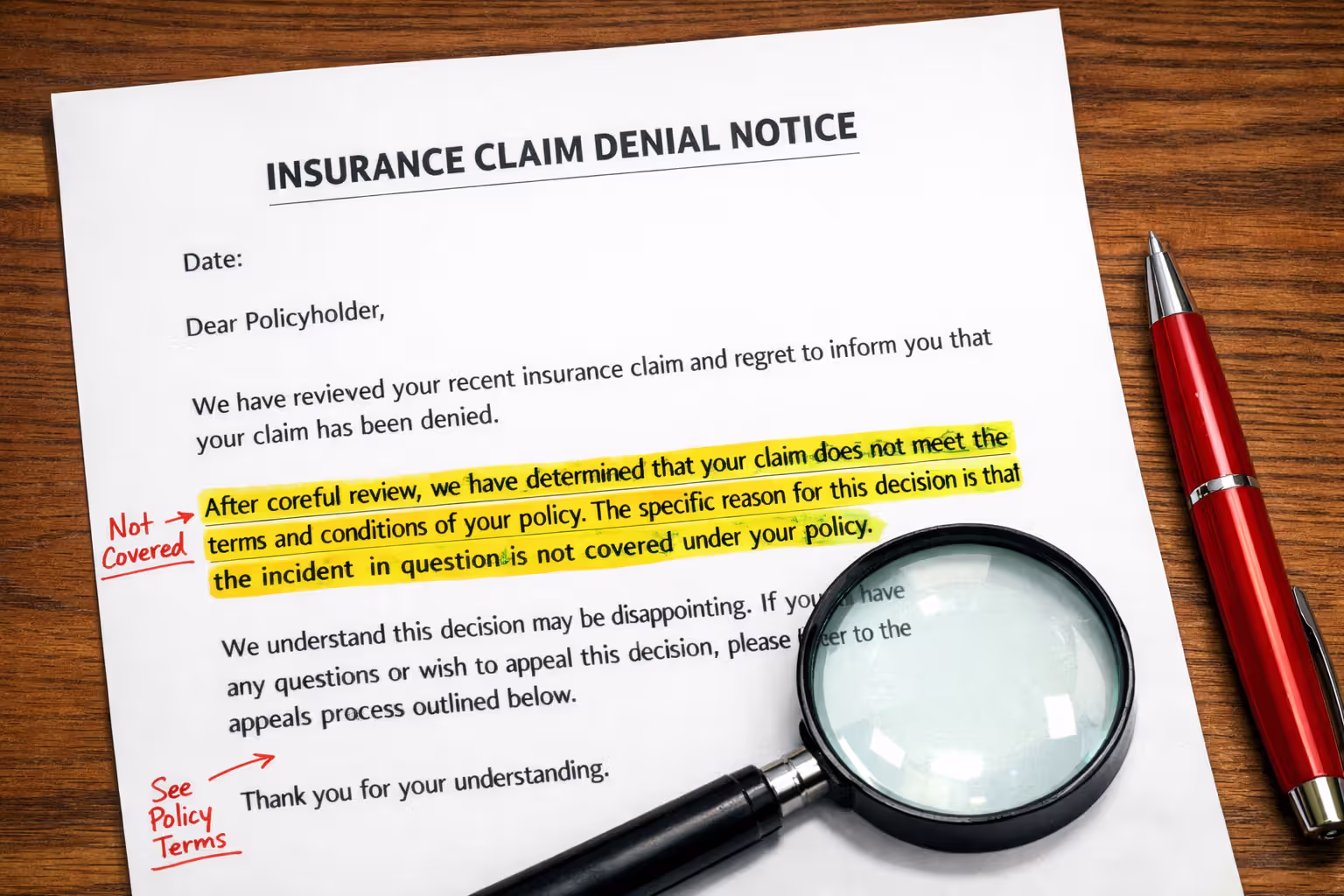 Close-up of insurance denial letter with highlighted sections, magnifying glass, and red pen annotations on wooden desk