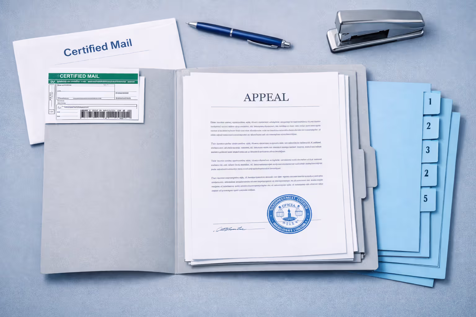 Top view of organized appeal documents in light gray folder with blue stamp, blue tab dividers, certified mail envelope, and blue pen on desk in cool blue and white color scheme