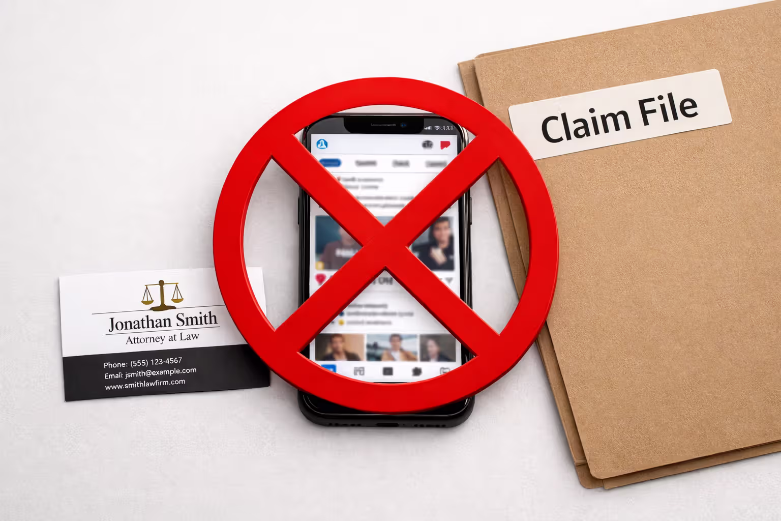 Smartphone showing social media app crossed out with red prohibition sign next to attorney business card and claim file folder