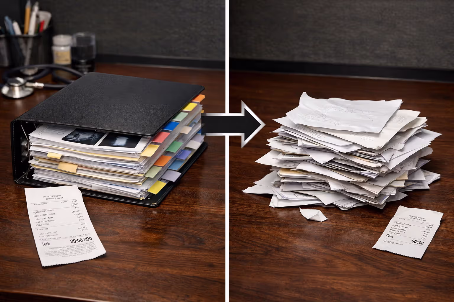 Two stacks of claim documents on a desk: organized thick folder with medical records and receipts on left versus thin messy pile of crumpled papers on right, showing contrast in documentation quality