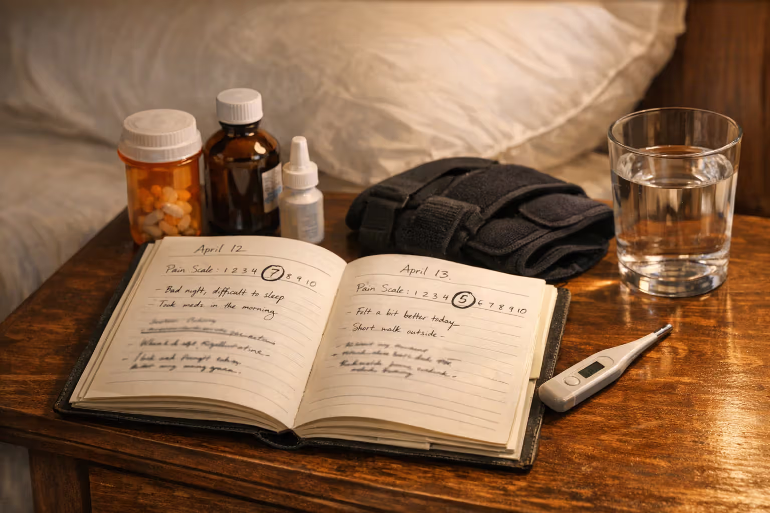 Open pain journal notebook on bedside table with handwritten daily entries and pain scale, surrounded by medication bottles, knee brace, and glass of water