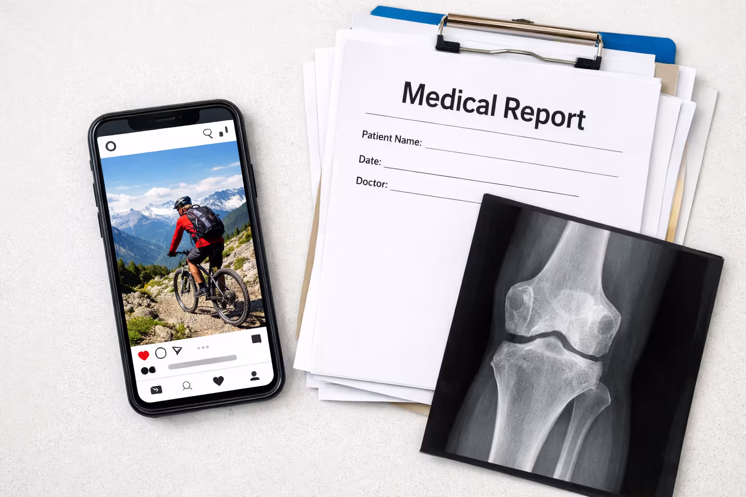 Smartphone showing social media post with active lifestyle photo next to medical documents and X-ray illustrating credibility risk during insurance claim