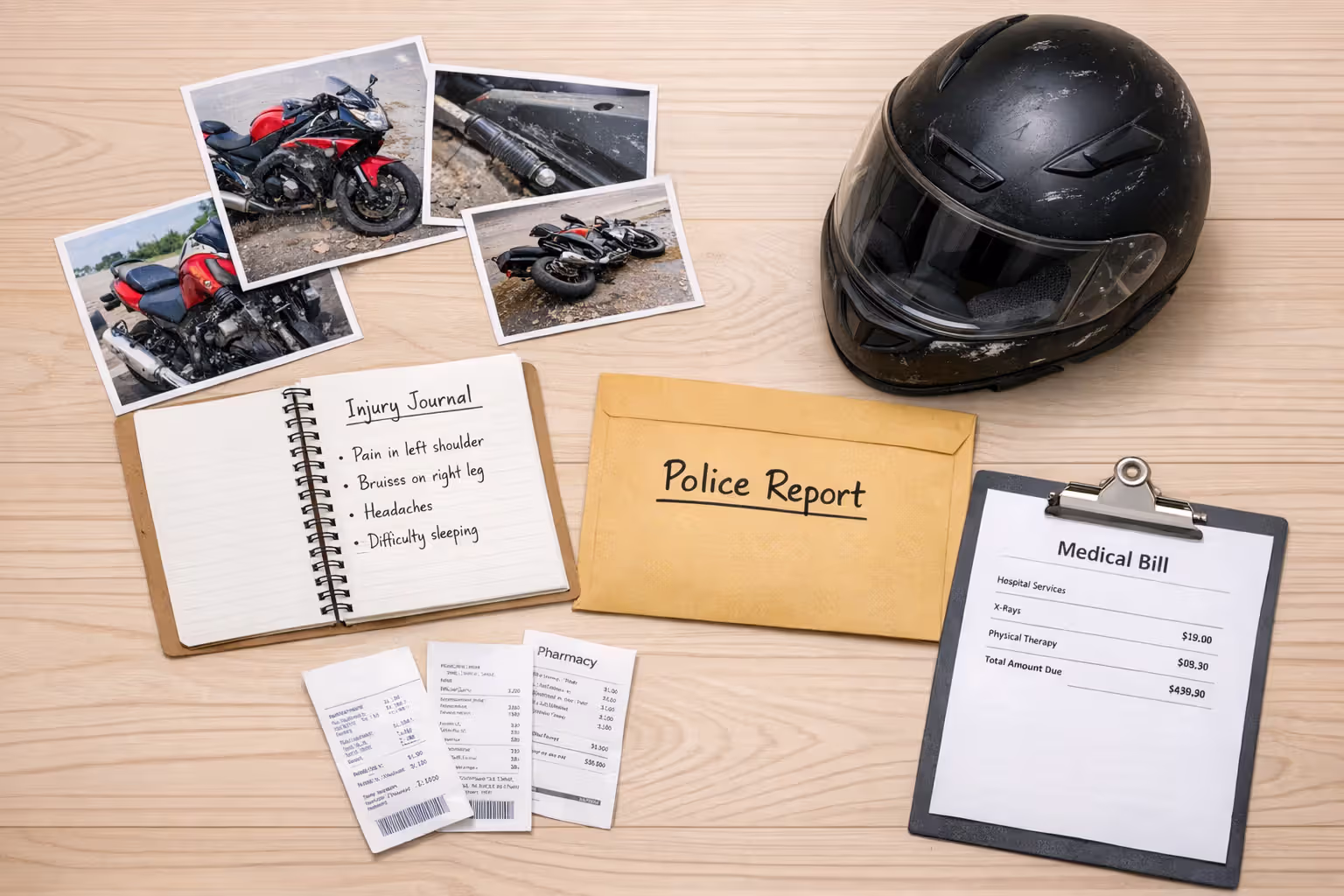 Organized evidence collection for motorcycle accident claim including damaged helmet photos medical bills pharmacy receipts and injury diary on wooden table