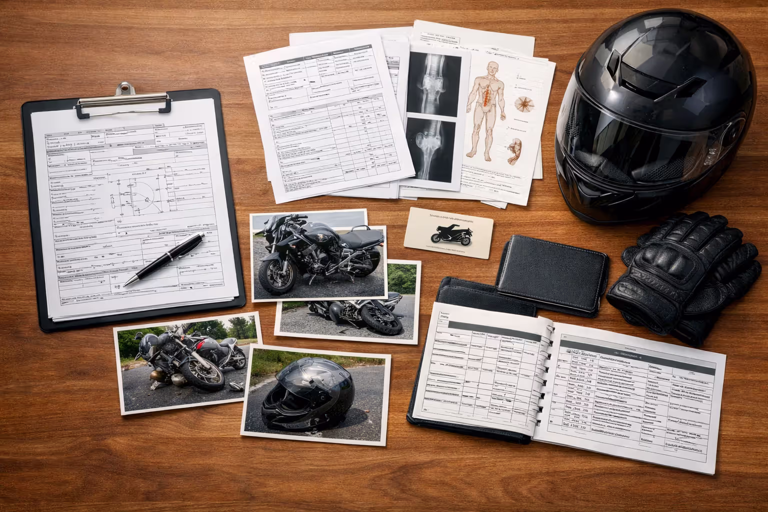 Organized motorcycle accident documentation on desk including police report, medical records, MSF card, and riding gear