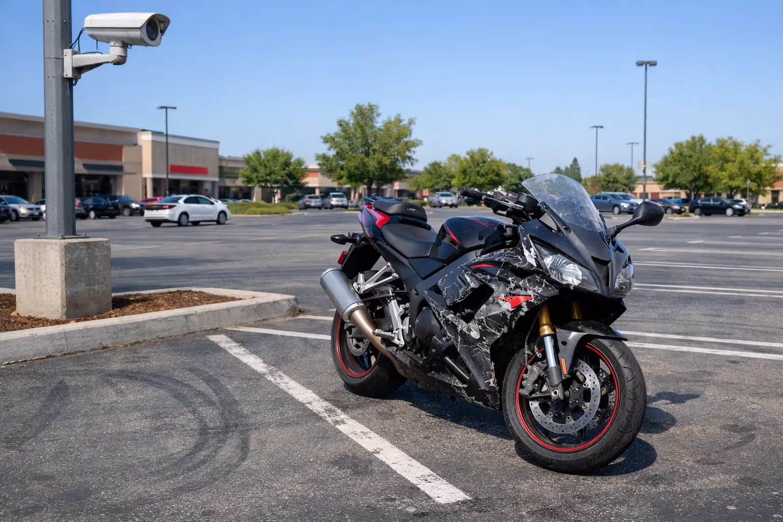 Damaged parked motorcycle in shopping center parking lot with bent handlebars and cracked fairing near a security camera