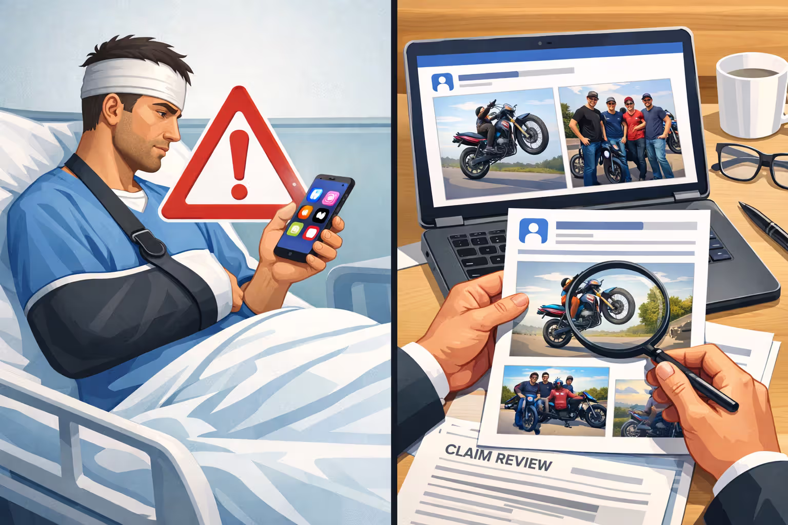 Split image showing injured motorcyclist using social media in hospital bed versus insurance adjuster reviewing social media posts as claim evidence
