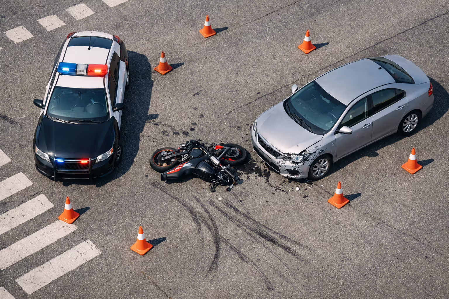 Overhead view of motorcycle accident scene at intersection with police car and traffic cones