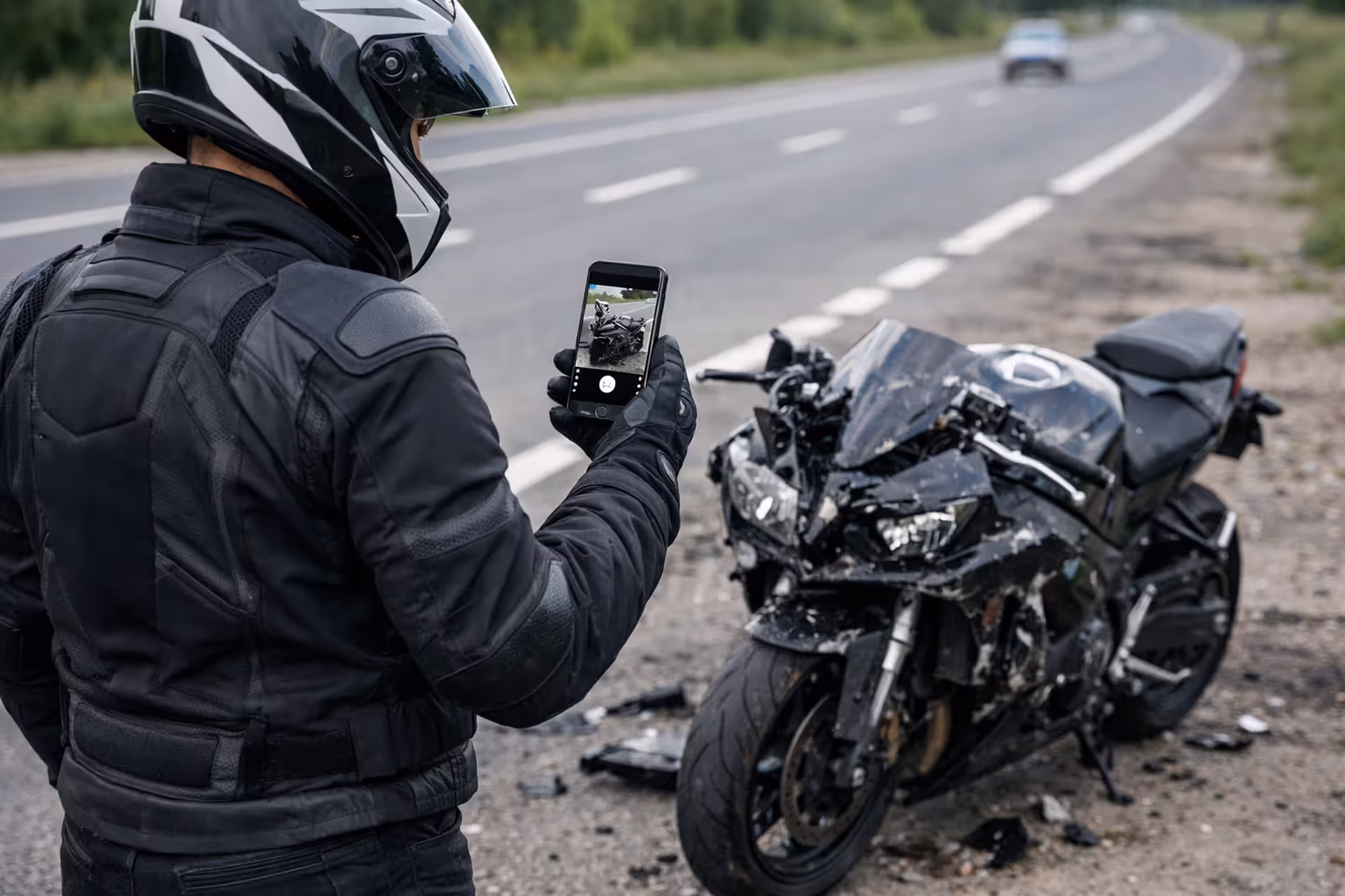 Motorcyclist in full gear standing beside a damaged motorcycle on road shoulder while holding a smartphone camera