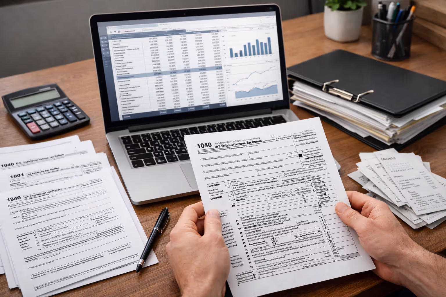 Person reviewing tax return documents at a desk with a laptop showing financial spreadsheet and a folder of organized receipts