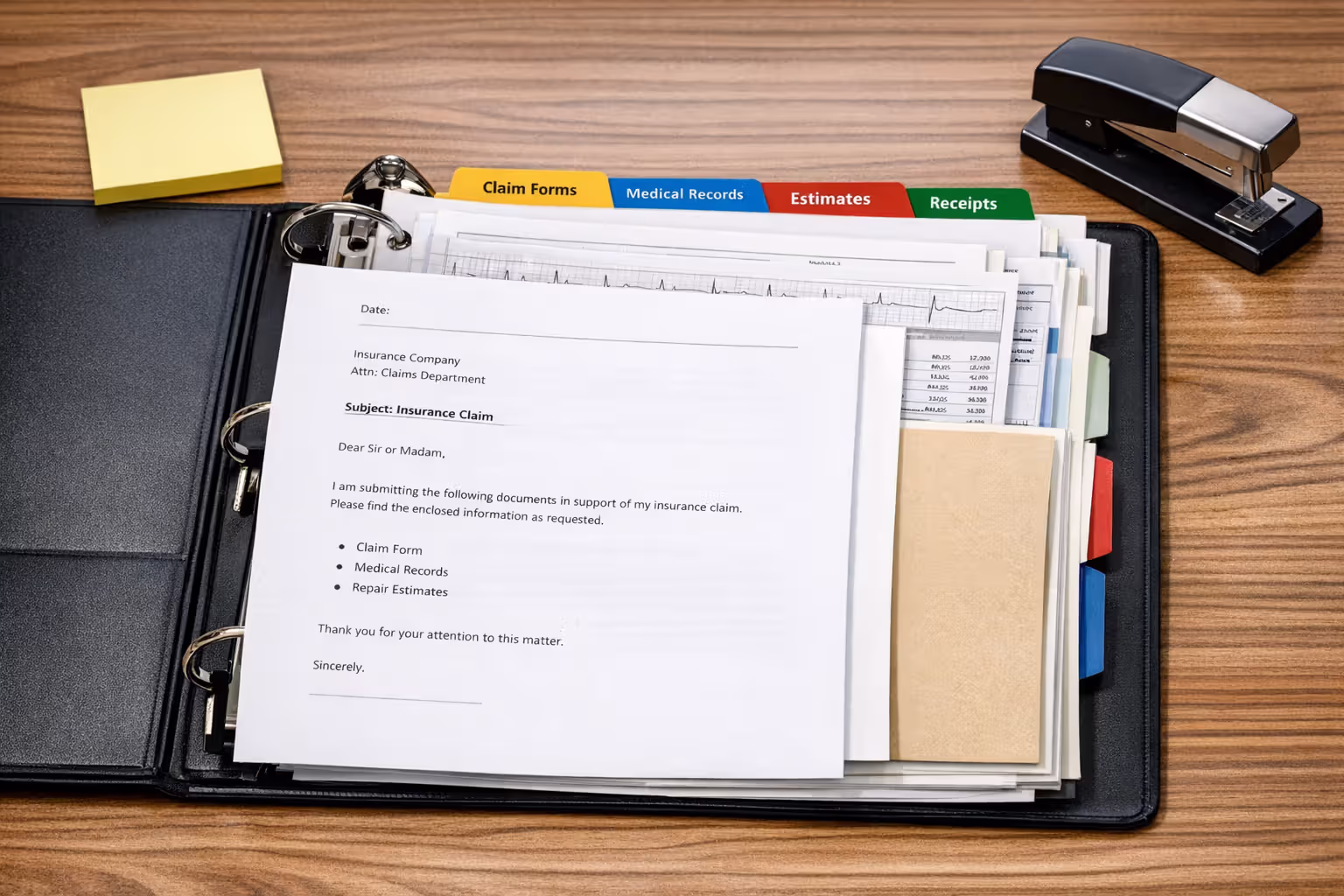 Neatly organized insurance claim folder with a cover letter on top, tabbed dividers, medical records, and pay stubs on a wooden desk