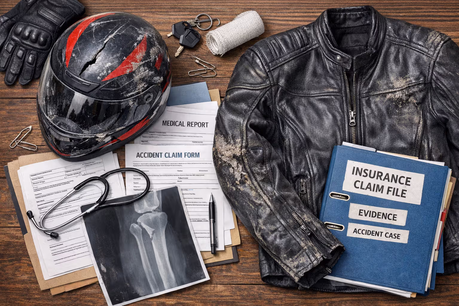 Damaged motorcycle helmet with cracks, scuffed leather jacket, medical documents, X-ray film, and evidence binder arranged on table top view