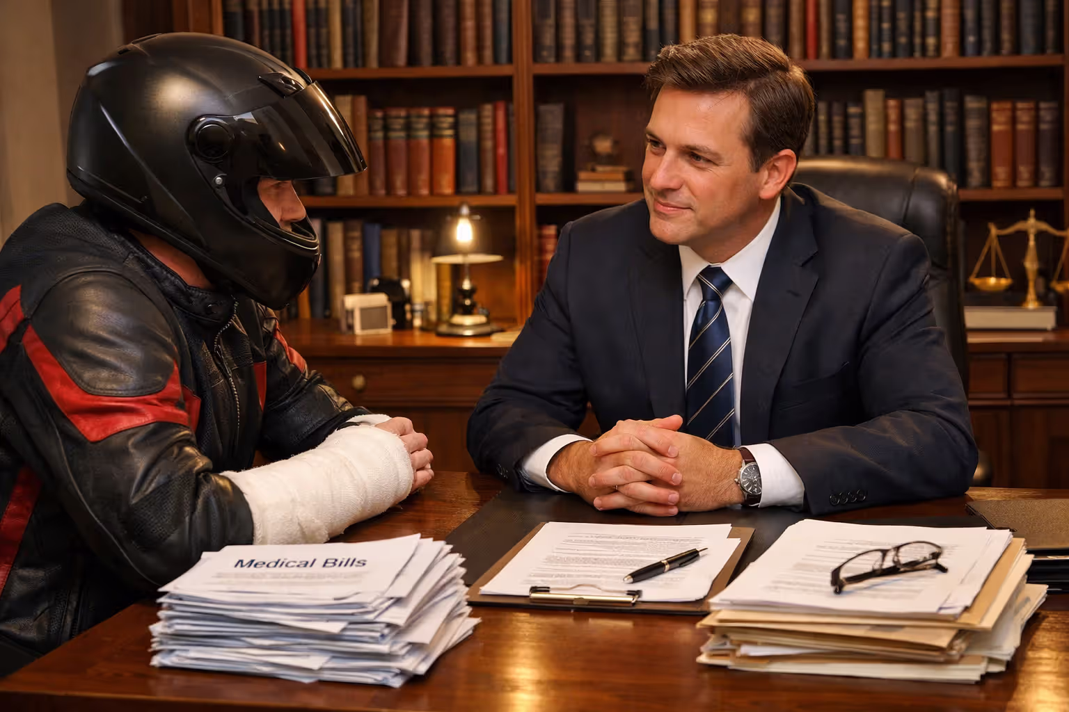 Injured motorcyclist with arm cast sitting across desk from attorney in suit with stacks of medical bills and legal documents between them in law office