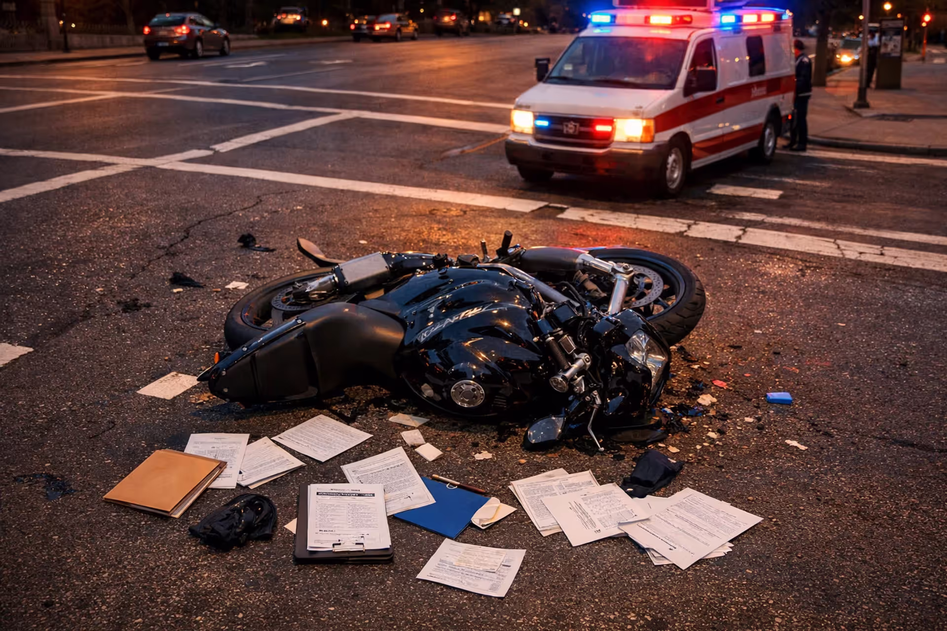 Damaged motorcycle lying on city road intersection with scattered insurance documents and ambulance lights in background
