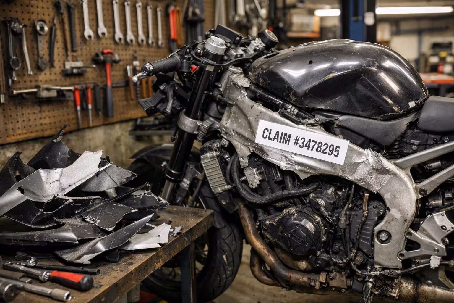 Close-up of damaged motorcycle with removed fairings showing bent frame in repair workshop, insurance claim sticker on frame