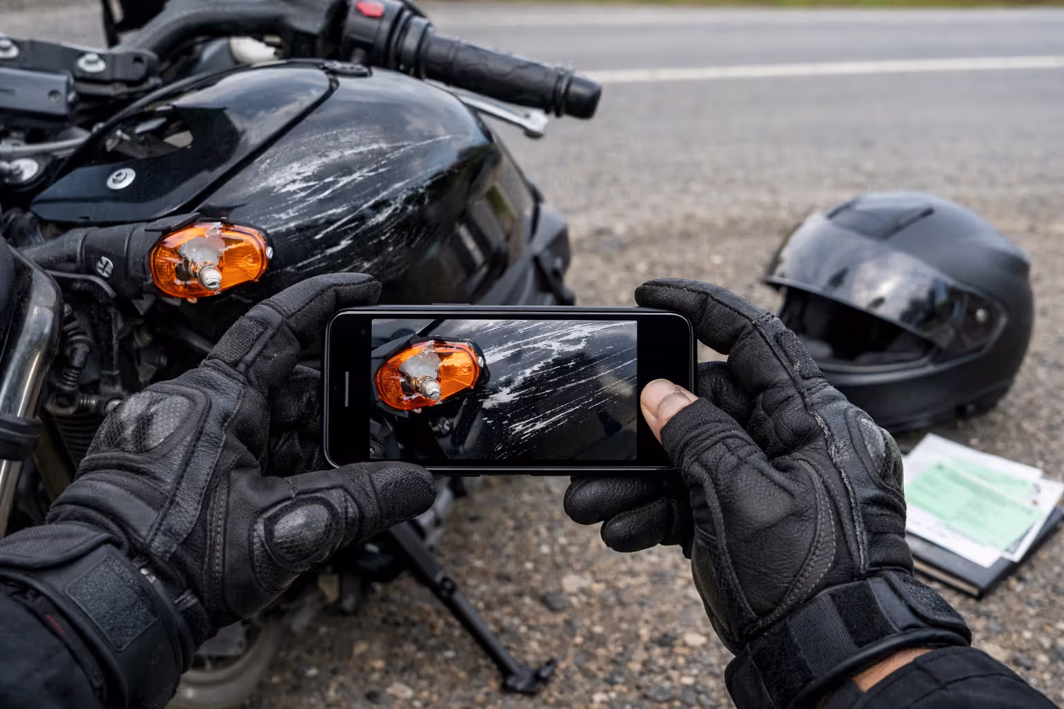 Motorcyclist hands in gloves using smartphone to photograph motorcycle damage at accident scene, helmet and documents on ground nearby