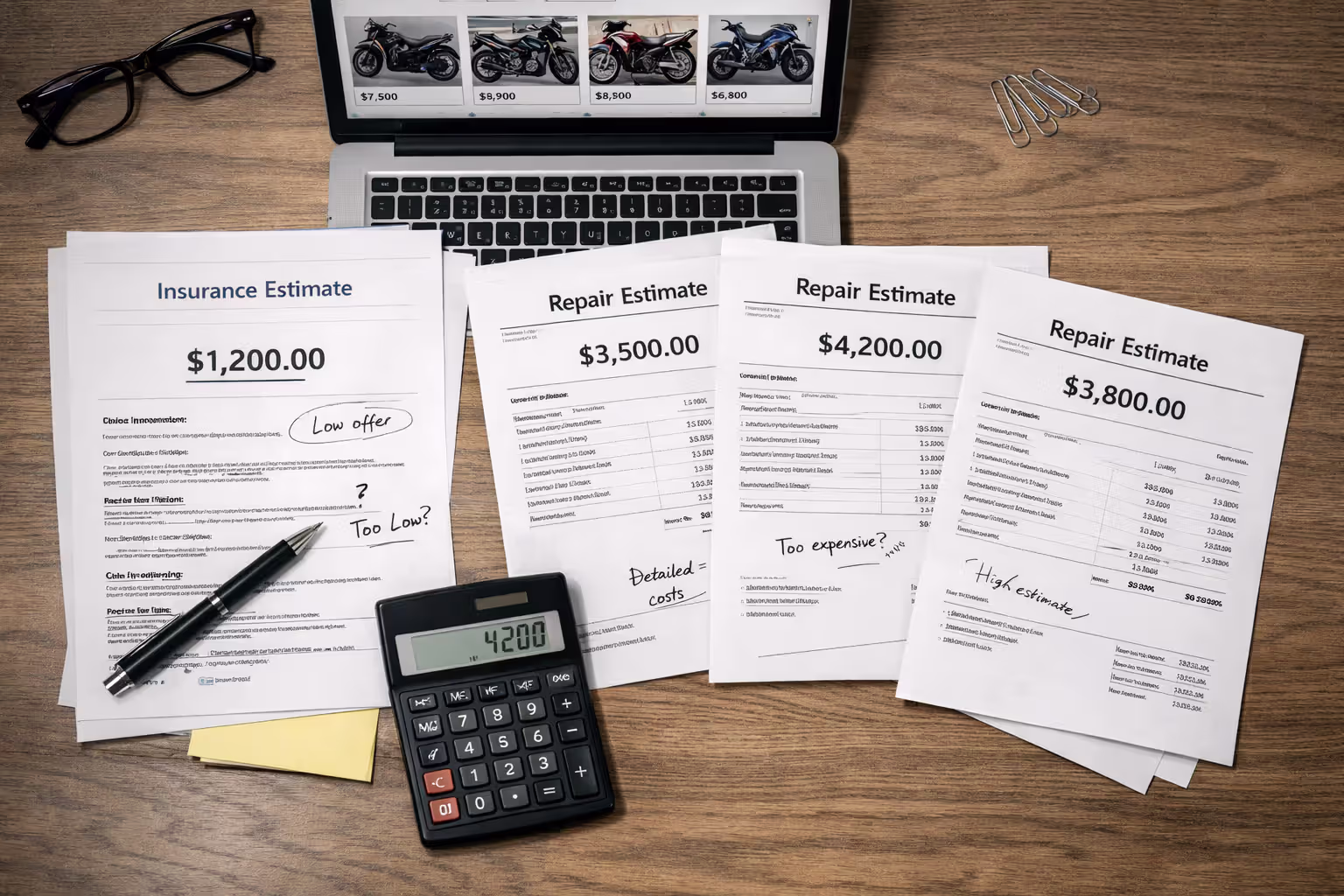 Top-down view of desk with insurance settlement offer, three motorcycle repair estimates, calculator, and laptop showing motorcycle sales listings