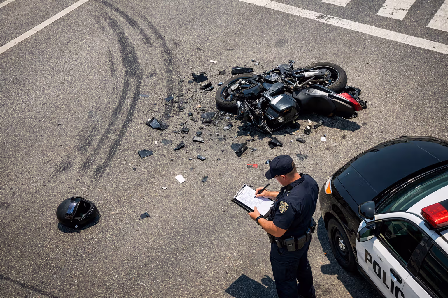 Overhead view of motorcycle accident scene at urban intersection with skid marks debris helmet and police officer writing report