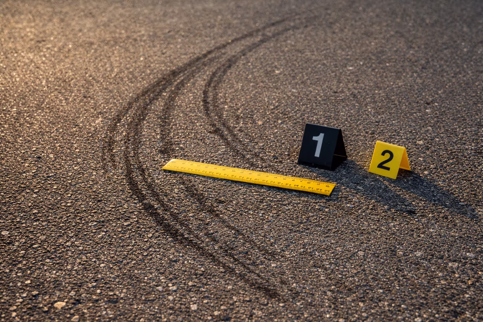 Close-up of faint motorcycle tire skid marks on asphalt illuminated by low-angle sunlight with yellow forensic measuring ruler and evidence markers