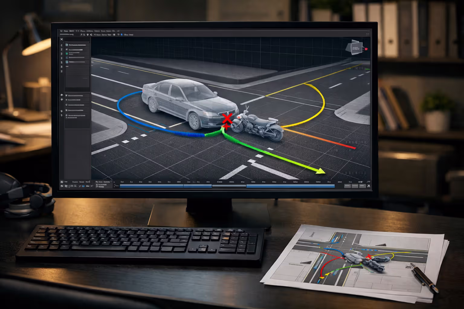 Computer monitor displaying 3D crash simulation software with motorcycle and car trajectory models at an intersection in a forensic engineering office