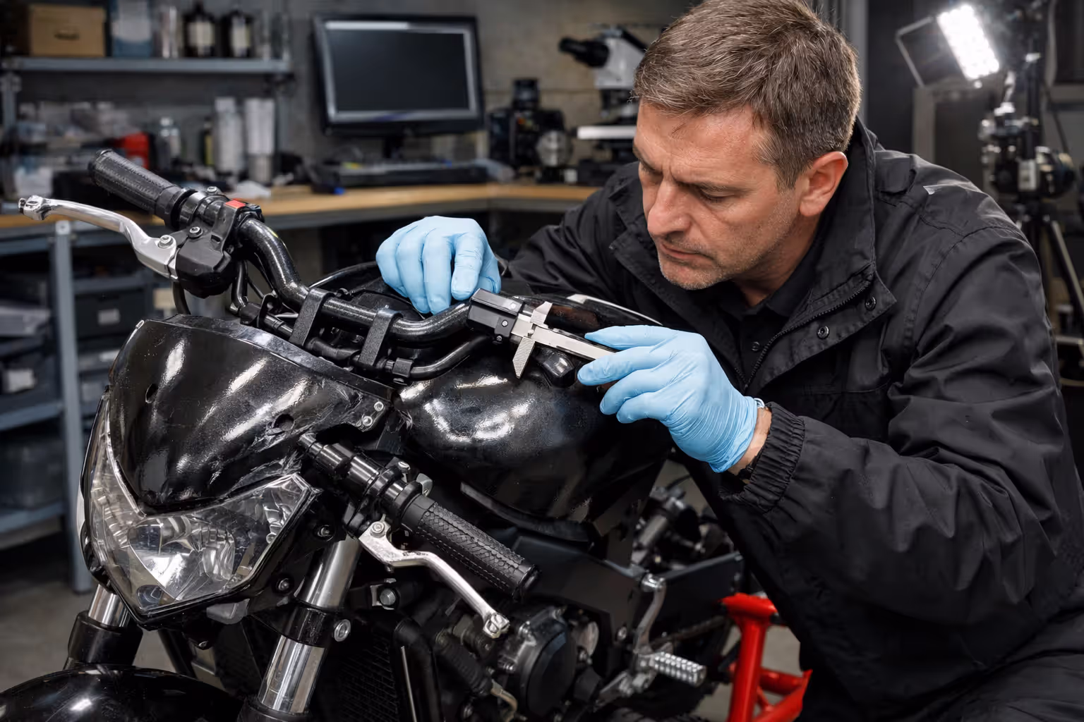 Forensic expert in gloves examining damaged motorcycle in laboratory garage, measuring crush depth on bent handlebar with calipers