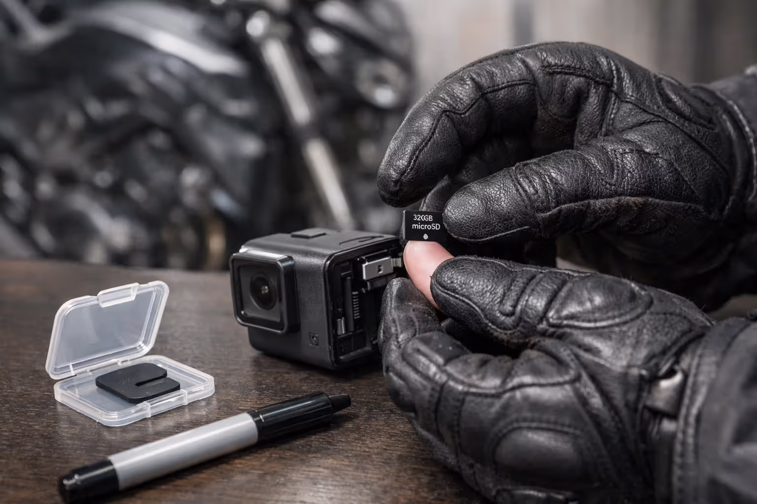 Hands in motorcycle gloves carefully removing a micro SD card from an action camera, with a protective card case and marker on the table, motorcycle blurred in the background