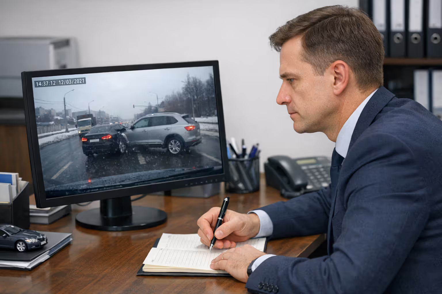 Insurance adjuster sitting at an office desk carefully reviewing dashcam footage on a computer monitor, taking notes with a pen, office environment