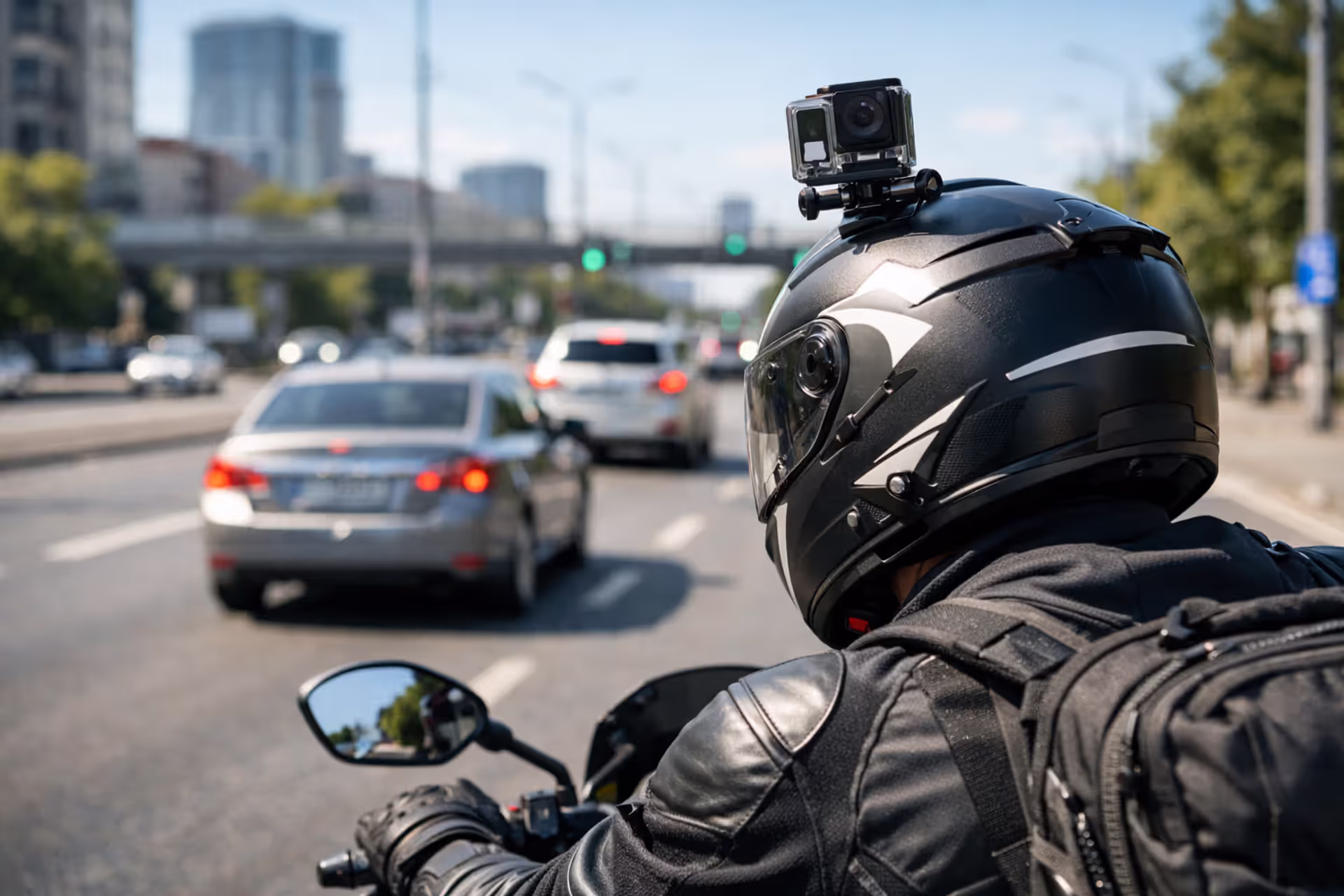 Motorcyclist wearing full gear riding on a city road with an action camera mounted on the helmet, cars visible ahead on the street