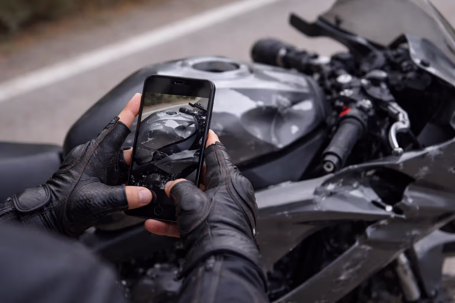 Motorcyclist hands holding smartphone photographing damaged motorcycle fairings and dented tank at roadside for evidence documentation
