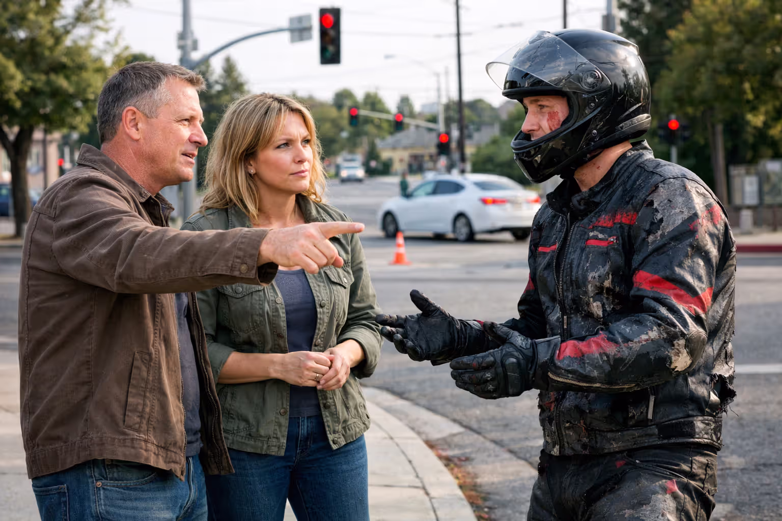 Motorcyclist in damaged gear talking to two witnesses on sidewalk near intersection with traffic light, one witness pointing toward the road
