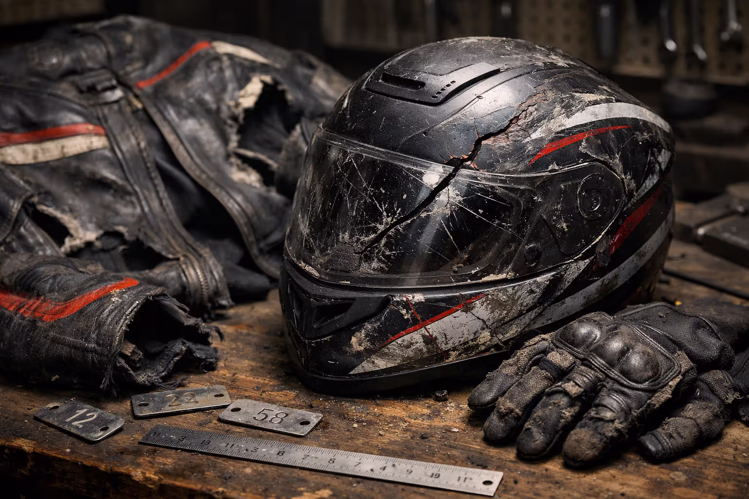 Cracked motorcycle helmet with deep scratches on workshop bench next to torn riding jacket and worn gloves with ruler for scale as preserved evidence